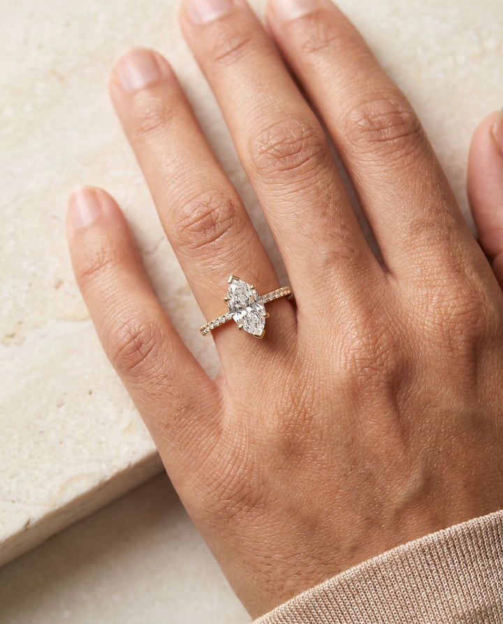 The Kelly Double Claw Prong French Pavé Marquise Engagement Ring Setting in 18K Yellow Gold