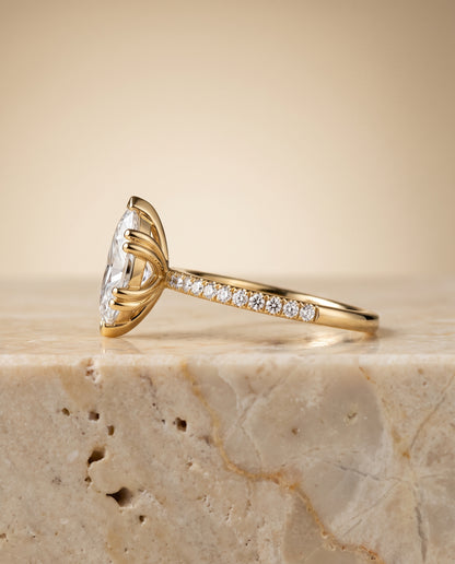 The Kelly Double Claw Prong French Pavé Marquise Engagement Ring Setting in 18K Yellow Gold