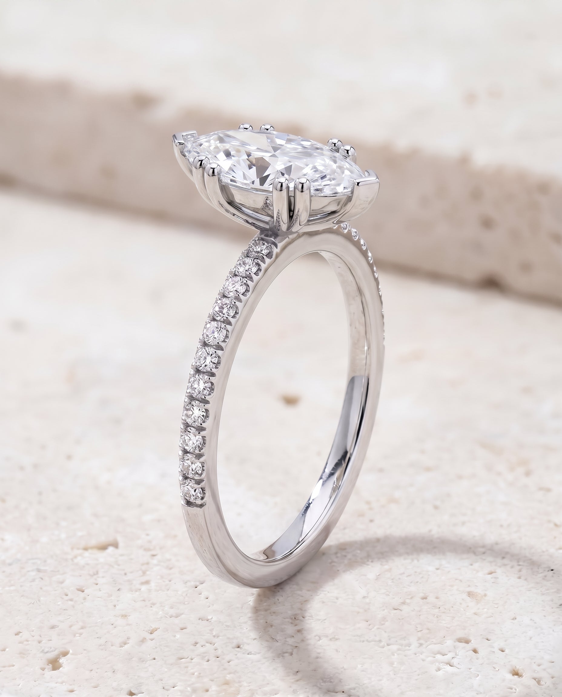 The Kelly Double Claw Prong French Pavé Marquise Engagement Ring Setting in Platinum