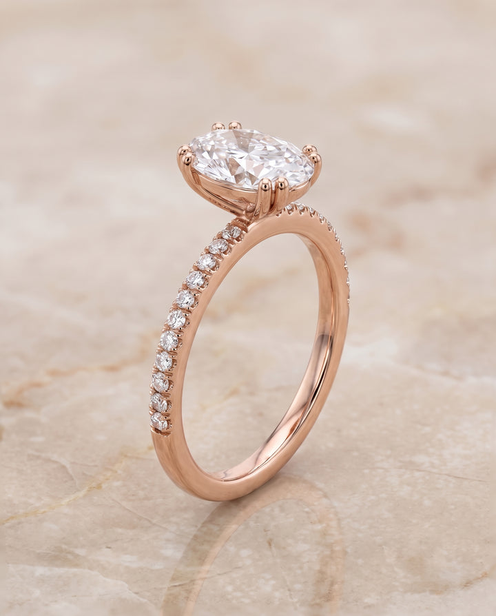 The Kelly Double Claw Prong French Pavé Oval Engagement Ring Setting in 14K Rose Gold