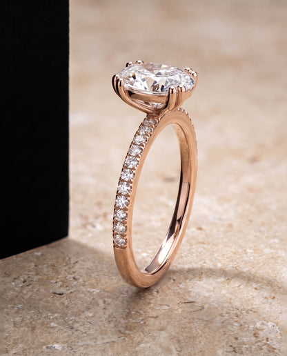 The Kelly Double Claw Prong French Pavé Oval Engagement Ring Setting in 14K Rose Gold