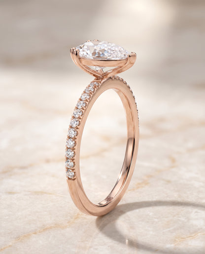 Pear engagement ring setting in 14K Rose Gold, Kelly Double Claw Prong French Pavé Pear, alternate view | RockHer