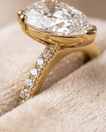 The Kelly Double Claw Prong French Pavé Pear Engagement Ring Setting in 18K Yellow Gold