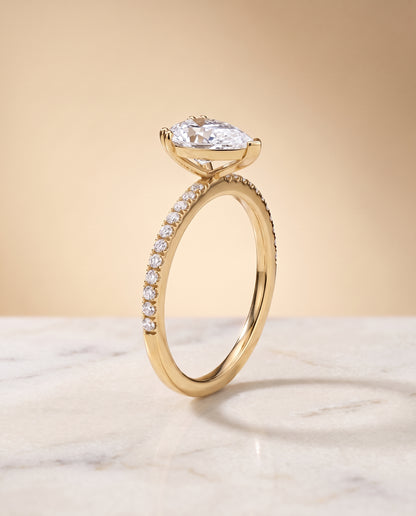The Kelly Double Claw Prong French Pavé Pear Engagement Ring Setting in 18K Yellow Gold