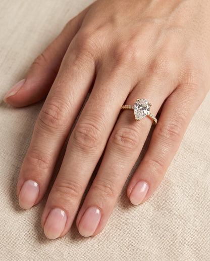 The Kelly Double Claw Prong French Pavé Pear Engagement Ring Setting in 18K Yellow Gold