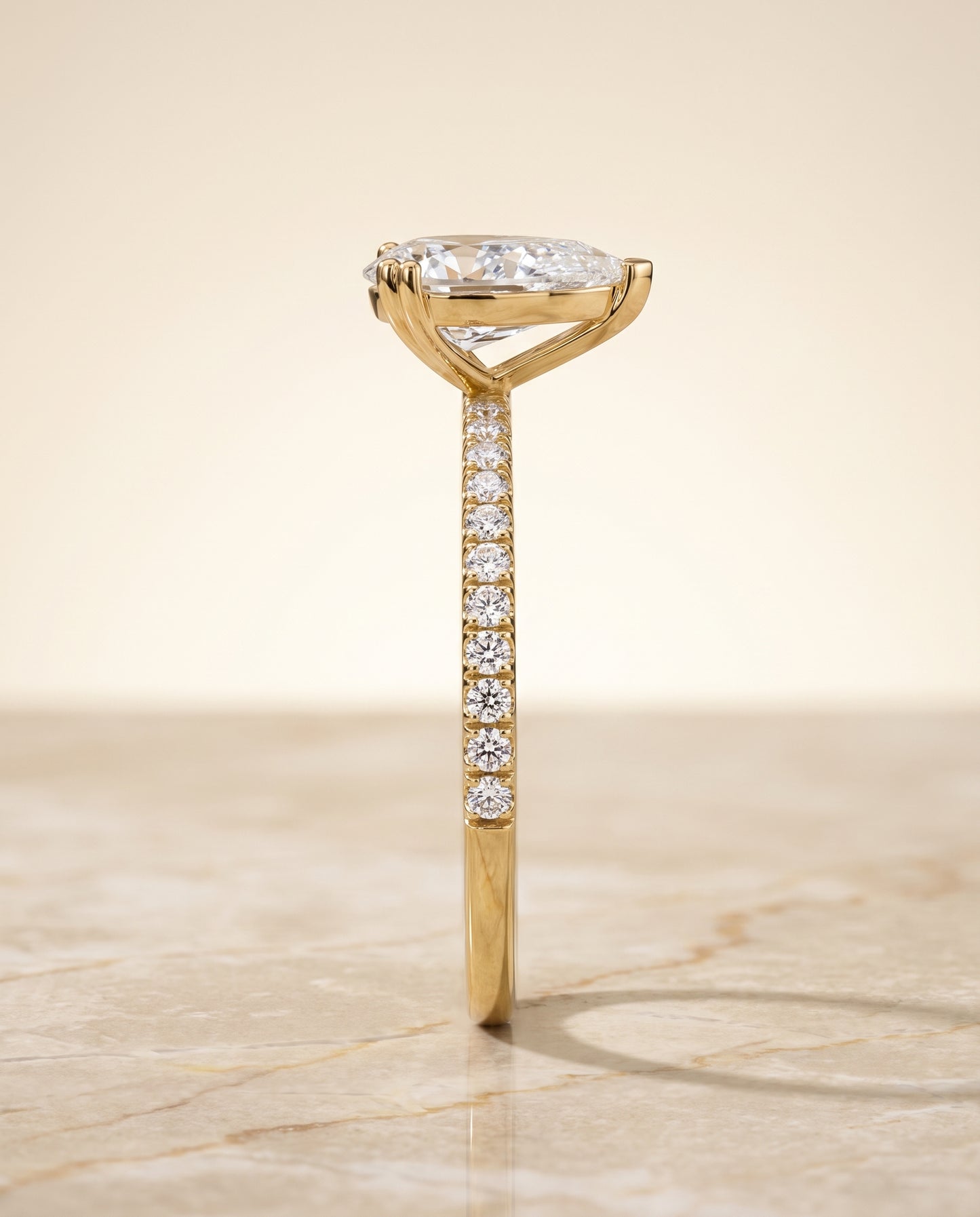 The Kelly Double Claw Prong French Pavé Pear Engagement Ring Setting in 18K Yellow Gold
