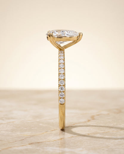 The Kelly Double Claw Prong French Pavé Pear Engagement Ring Setting in 18K Yellow Gold