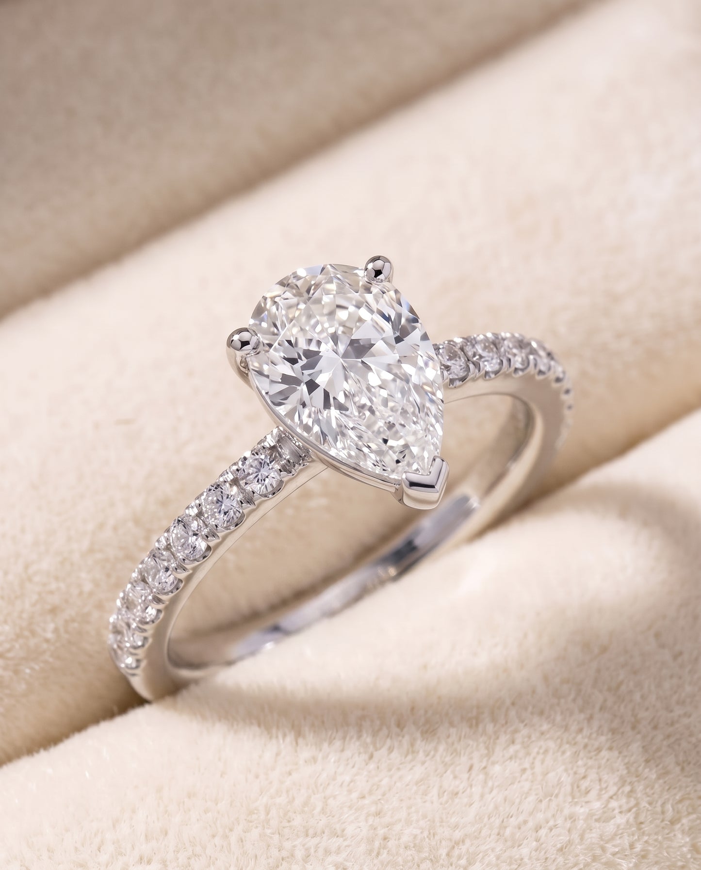 The Kelly Double Claw Prong French Pavé Pear Engagement Ring Setting in Platinum