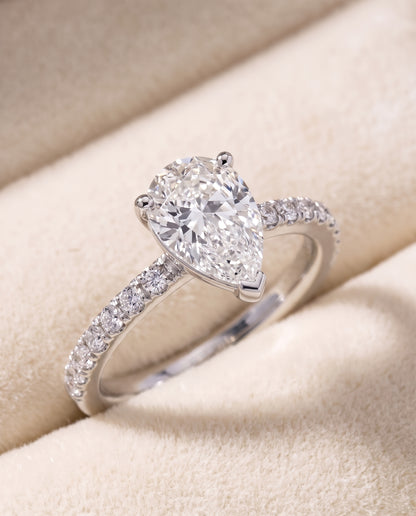 The Kelly Double Claw Prong French Pavé Pear Engagement Ring Setting in Platinum