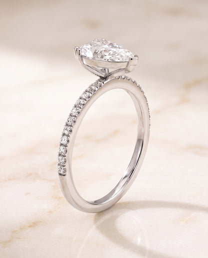 The Kelly Double Claw Prong French Pavé Pear Engagement Ring Setting in Platinum