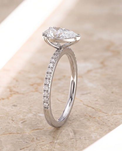 The Kelly Double Claw Prong French Pavé Pear Engagement Ring Setting in Platinum
