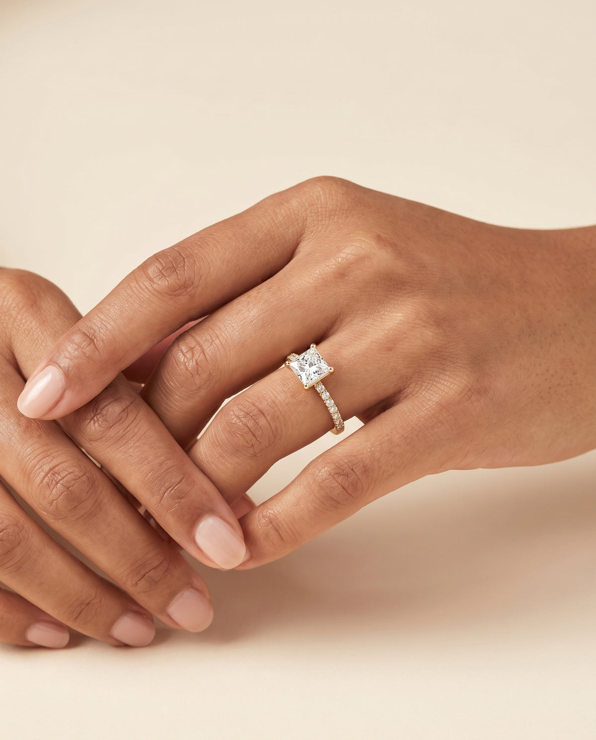 The Kelly Double Claw Prong French Pavé Princess Cut Engagement Ring Setting in 18K Yellow Gold
