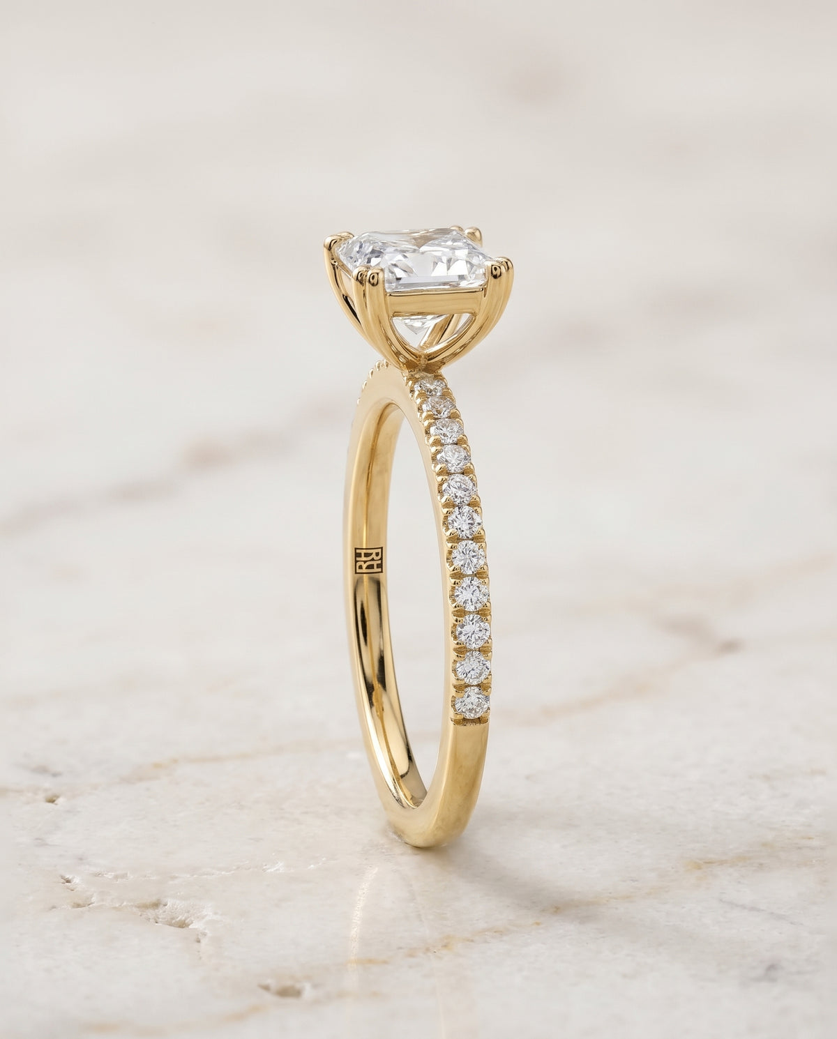The Kelly Double Claw Prong French Pavé Princess Cut Engagement Ring Setting in 18K Yellow Gold
