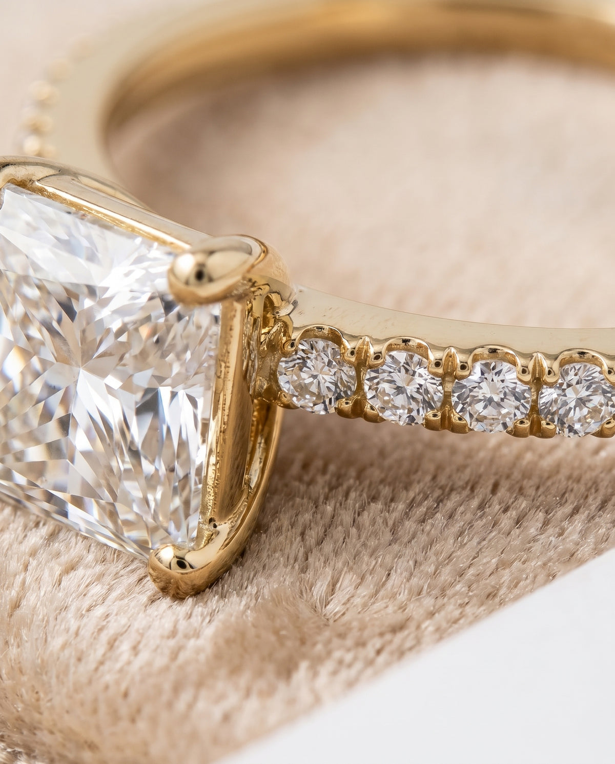 The Kelly Double Claw Prong French Pavé Princess Cut Engagement Ring Setting in 18K Yellow Gold