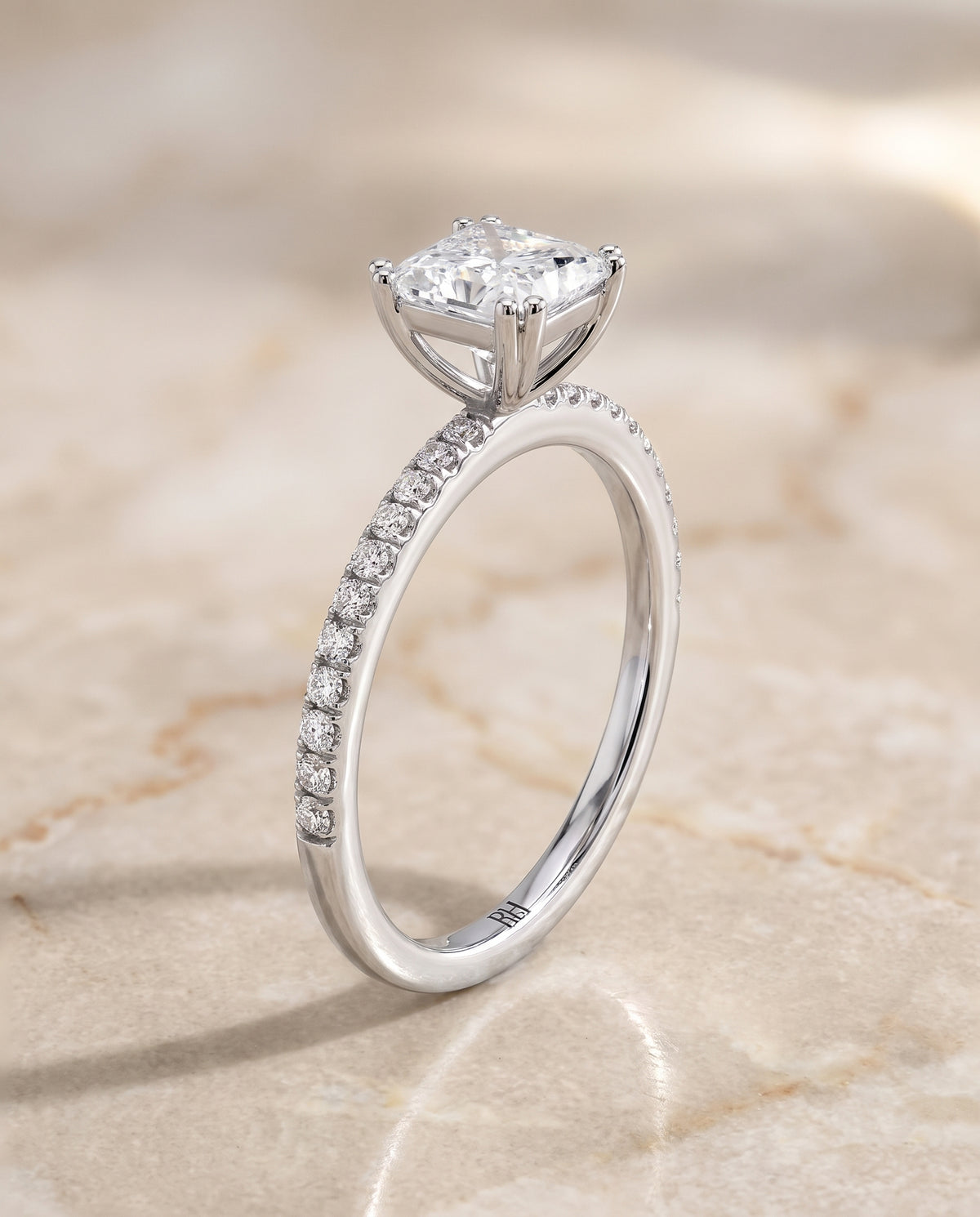 The Kelly Double Claw Prong French Pavé Princess Cut Engagement Ring Setting in Platinum
