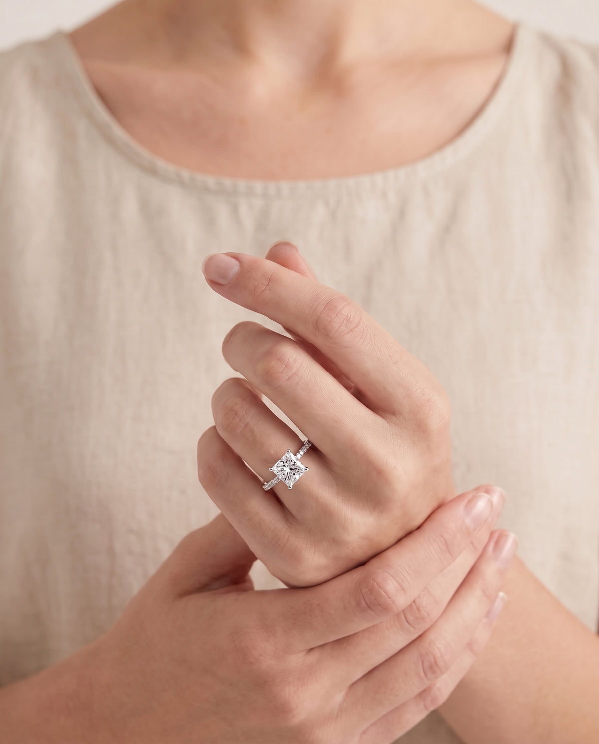 The Kelly Double Claw Prong French Pavé Princess Cut Engagement Ring Setting in Platinum