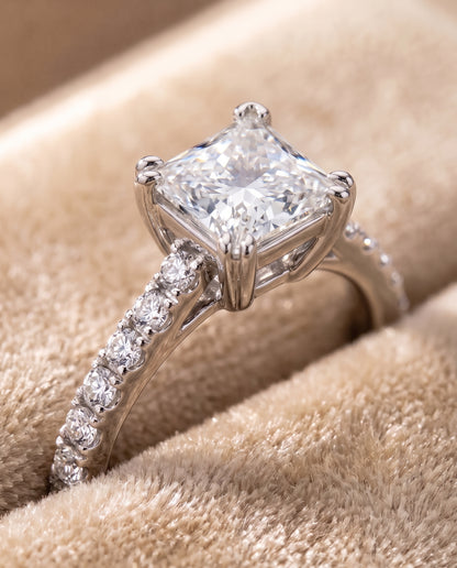 The Kelly Double Claw Prong French Pavé Princess Cut Engagement Ring Setting in Platinum