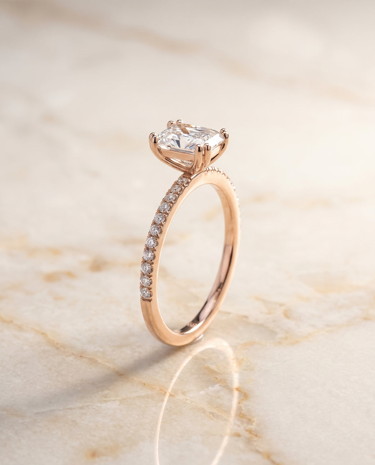 The Kelly Double Claw Prong French Pavé Radiant Cut Engagement Ring Setting in 14K Rose Gold