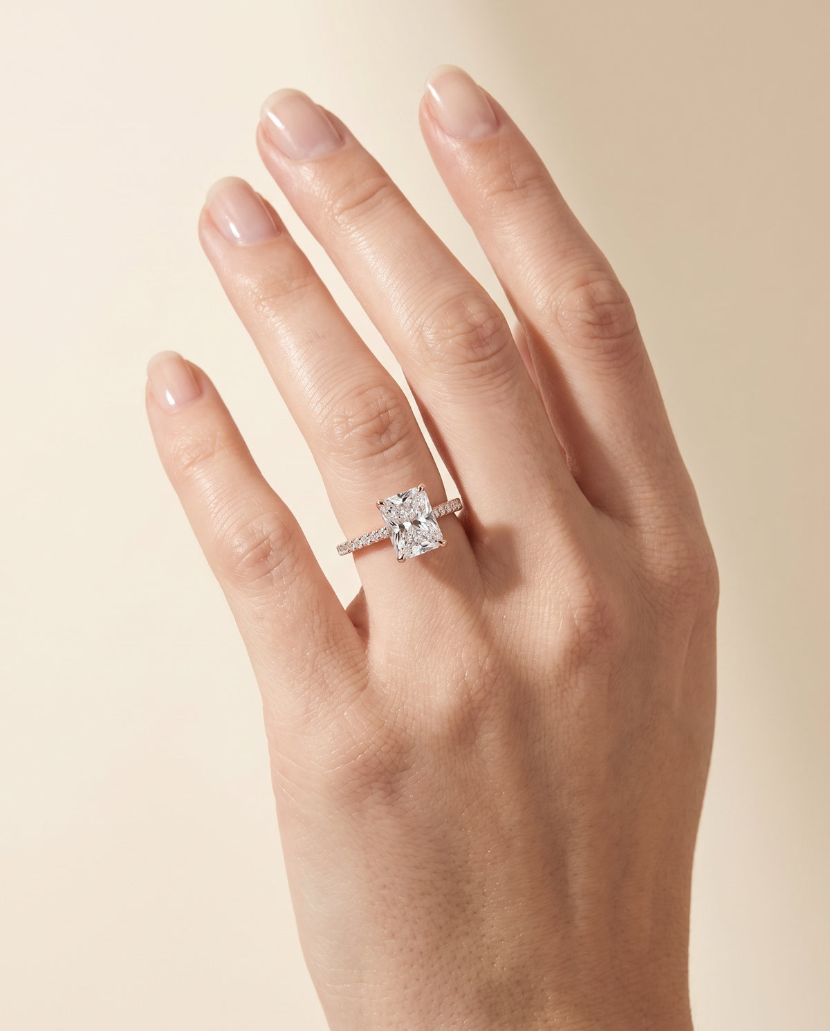 The Kelly Double Claw Prong French Pavé Radiant Cut Engagement Ring Setting in 14K Rose Gold