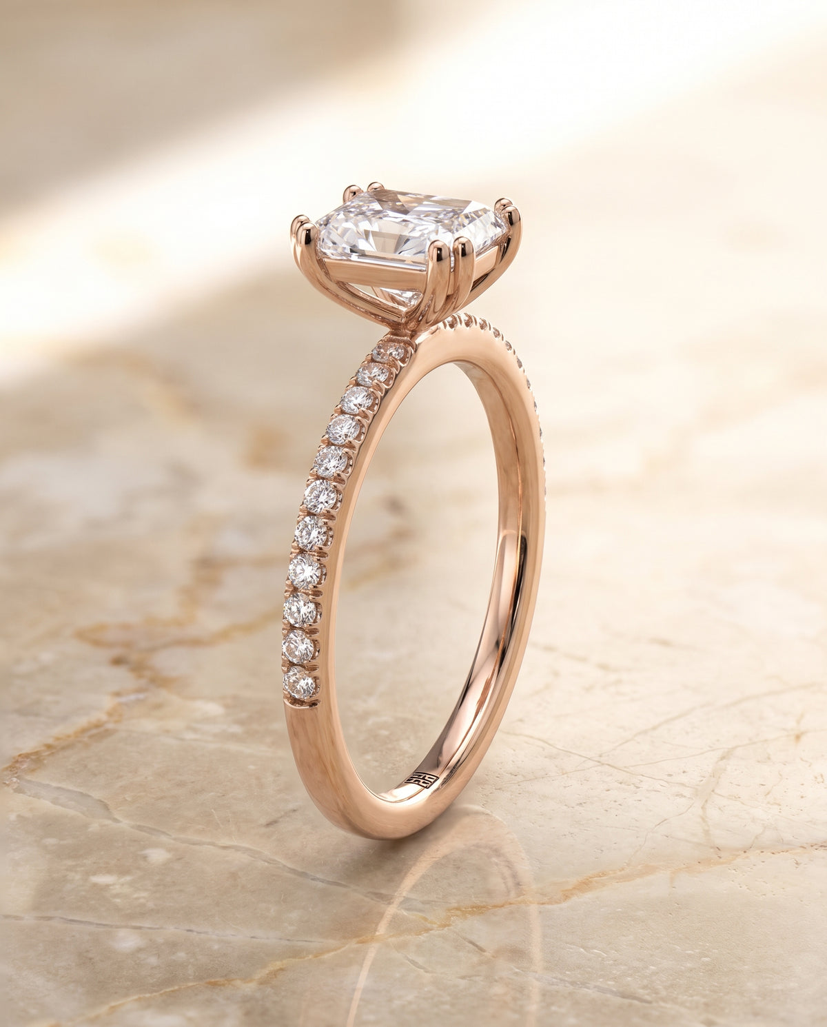 The Kelly Double Claw Prong French Pavé Radiant Cut Engagement Ring Setting in 14K Rose Gold