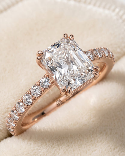 The Kelly Double Claw Prong French Pavé Radiant Cut Engagement Ring Setting in 14K Rose Gold