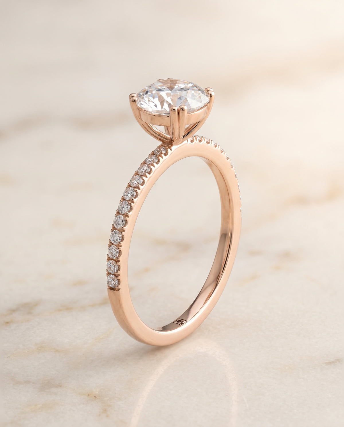 The Kelly Double Claw Prong French Pavé Round Engagement Ring Setting in 14K Rose Gold