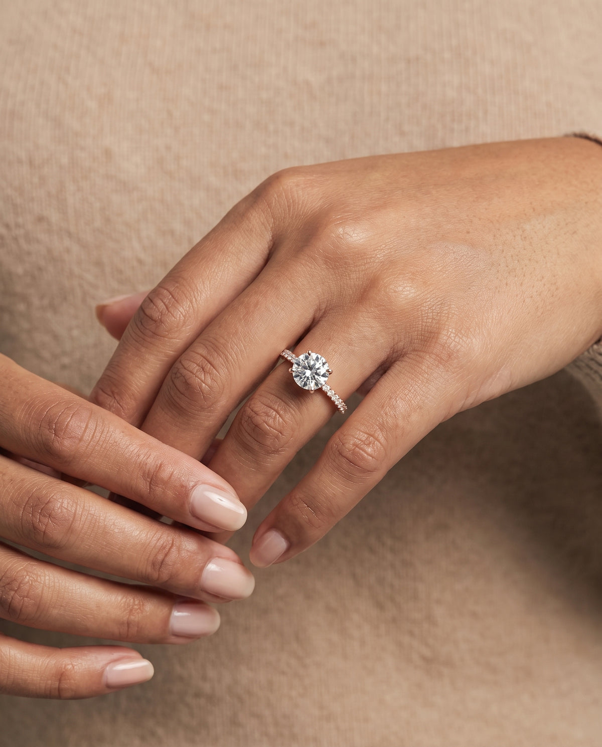 The Kelly Double Claw Prong French Pavé Round Engagement Ring Setting in 14K Rose Gold