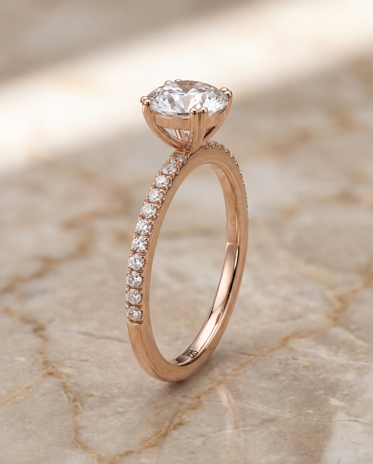 The Kelly Double Claw Prong French Pavé Round Engagement Ring Setting in 14K Rose Gold