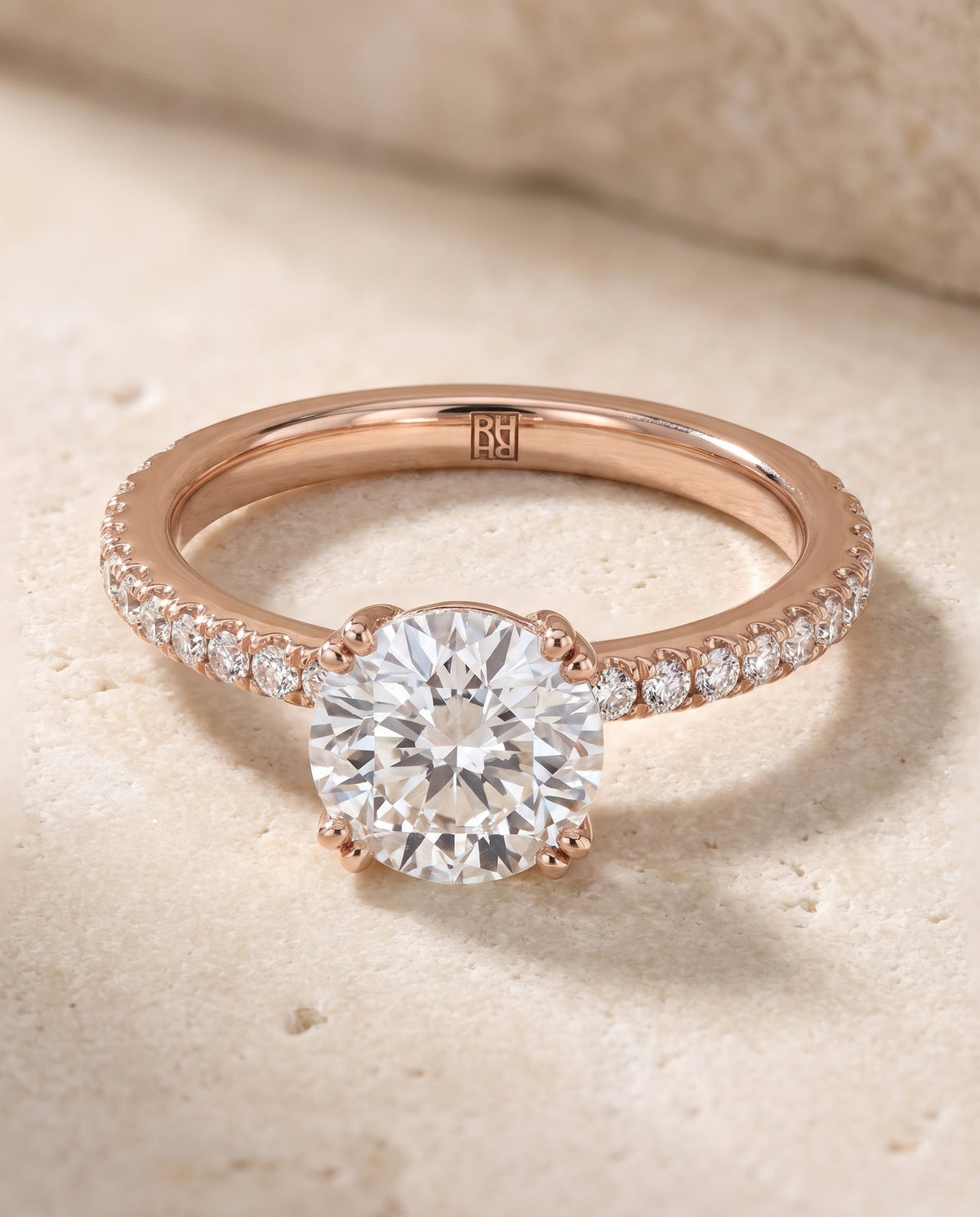 The Kelly Double Claw Prong French Pavé Round Engagement Ring Setting in 14K Rose Gold