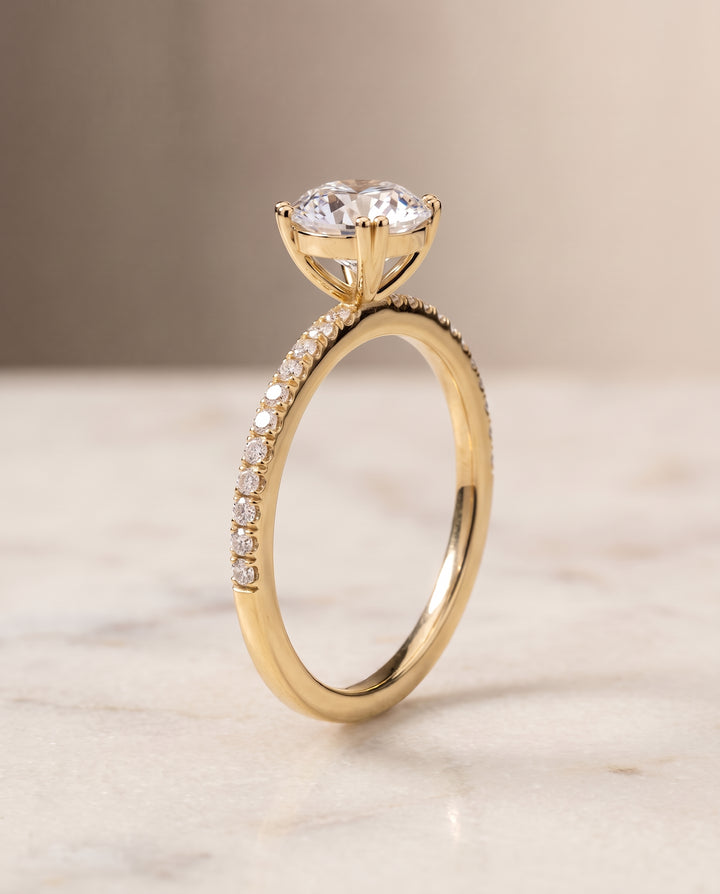The Kelly Double Claw Prong French Pavé Round Engagement Ring Setting in 18K Yellow Gold
