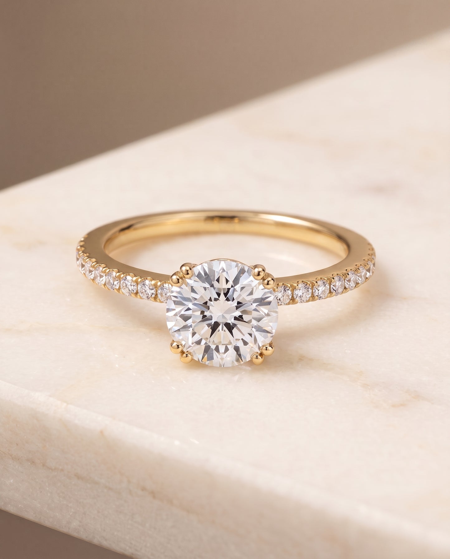 The Kelly Double Claw Prong French Pavé Round Engagement Ring Setting in 18K Yellow Gold