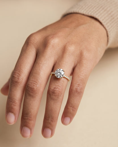 The Kelly Double Claw Prong French Pavé Round Engagement Ring Setting in 18K Yellow Gold