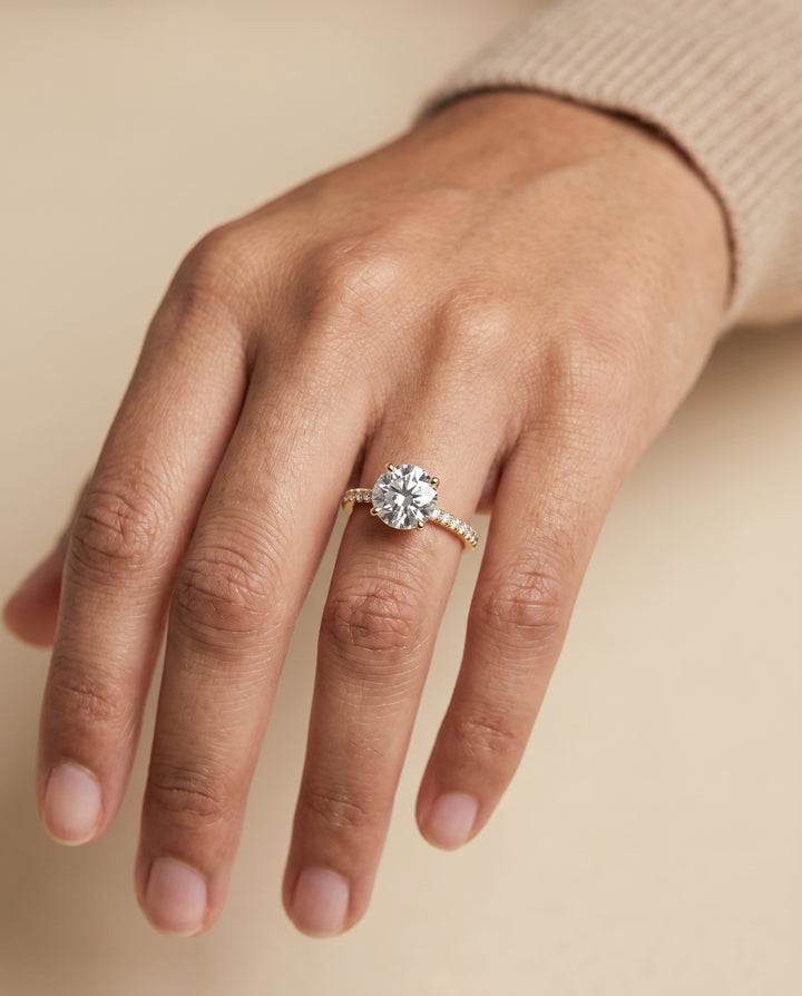 The Kelly Double Claw Prong French Pavé Round Engagement Ring Setting in 18K Yellow Gold