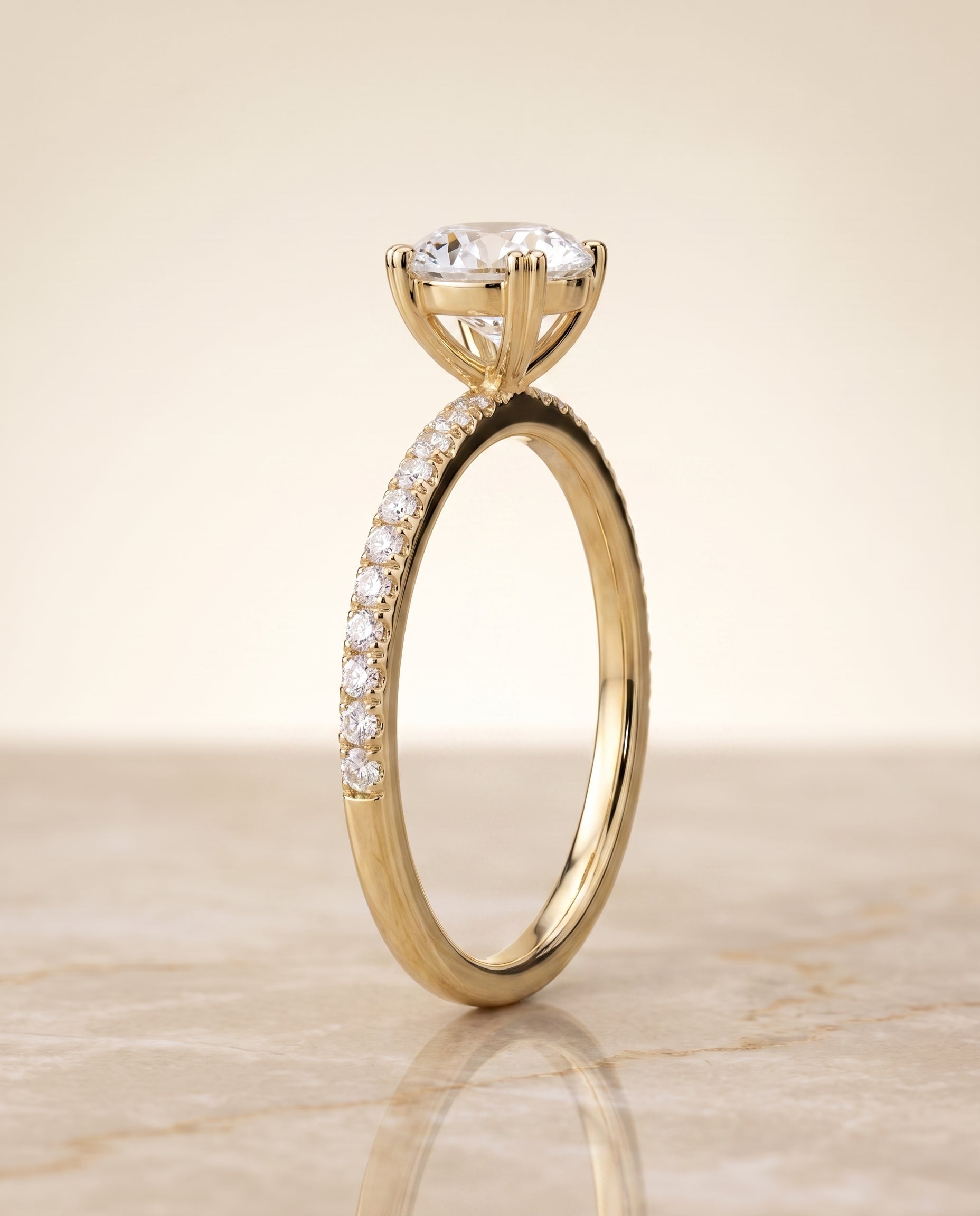 Double Claw Prong French Pavé styling on The Kelly round engagement ring setting | RockHer