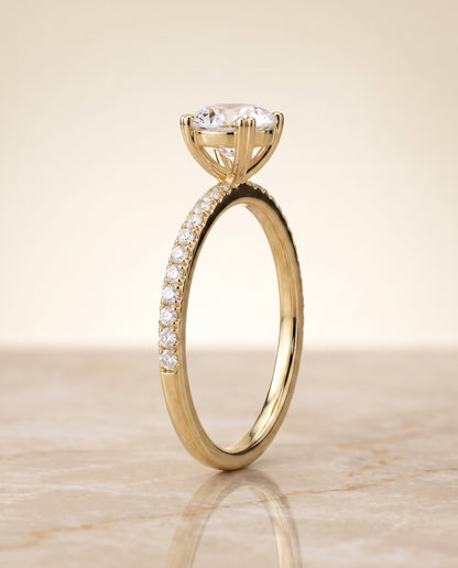 The Kelly Double Claw Prong French Pavé Round Engagement Ring Setting in 18K Yellow Gold