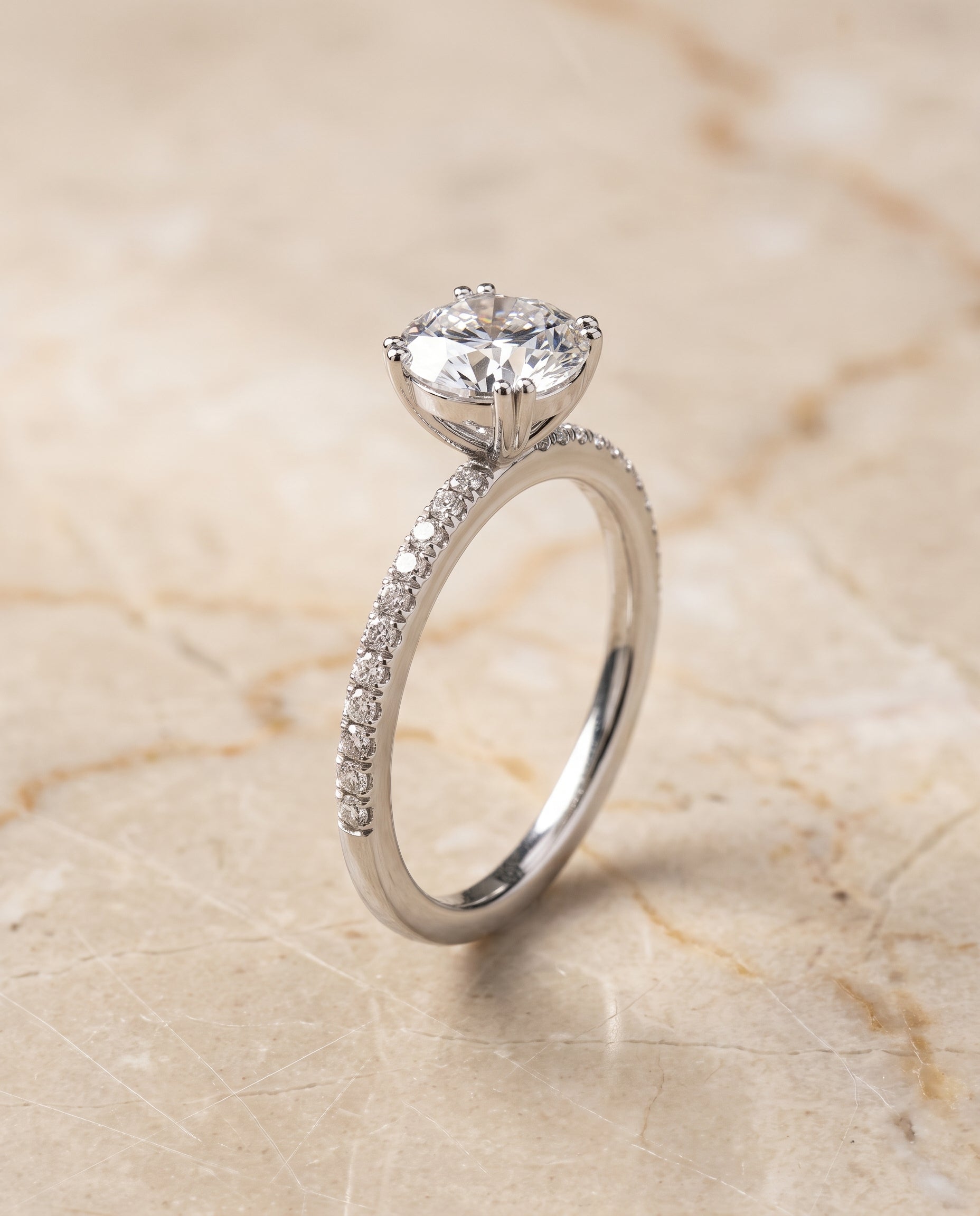The Kelly Double Claw Prong French Pavé Round Engagement Ring Setting in 18K White Gold