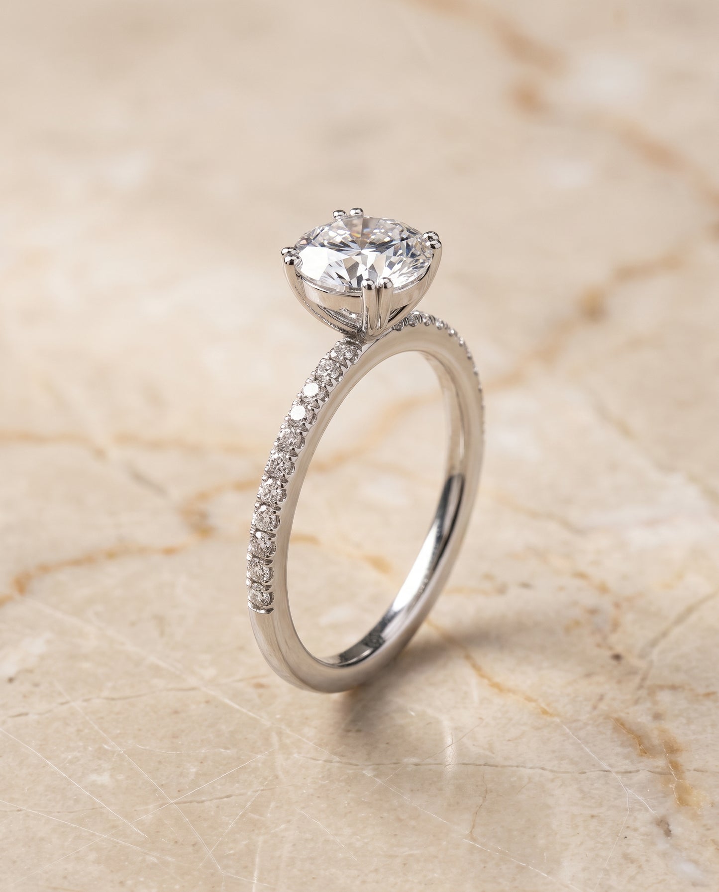 The Kelly Double Claw Prong French Pavé Round Engagement Ring Setting in 18K White Gold