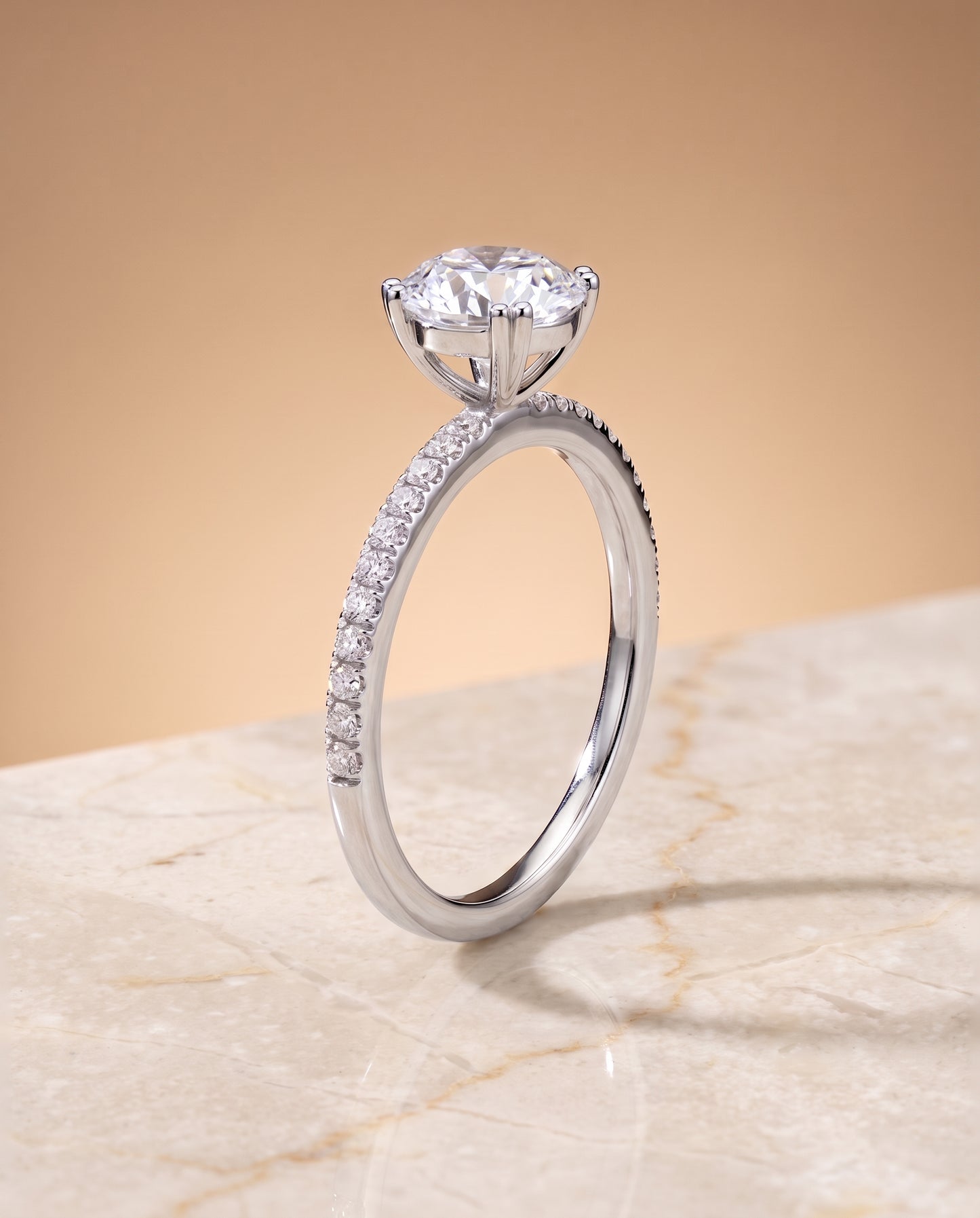 The Kelly Double Claw Prong French Pavé Round Engagement Ring Setting in 18K White Gold