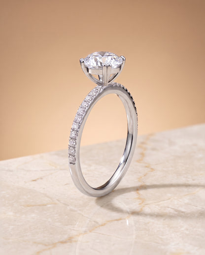 The Kelly Double Claw Prong French Pavé Round Engagement Ring Setting in 18K White Gold
