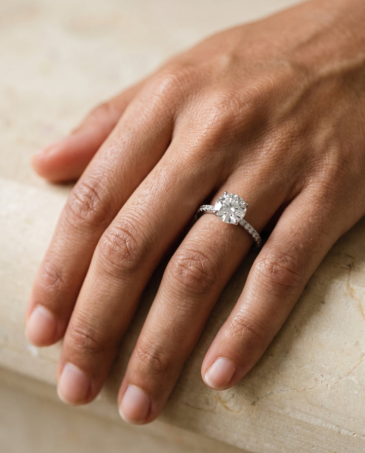 The Kelly Double Claw Prong French Pavé Round Engagement Ring Setting in 18K White Gold