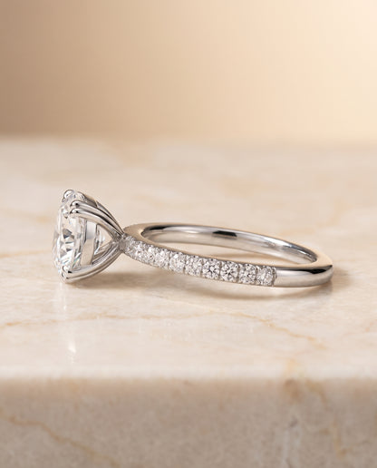 The Kelly Double Claw Prong French Pavé Round Engagement Ring Setting in 18K White Gold