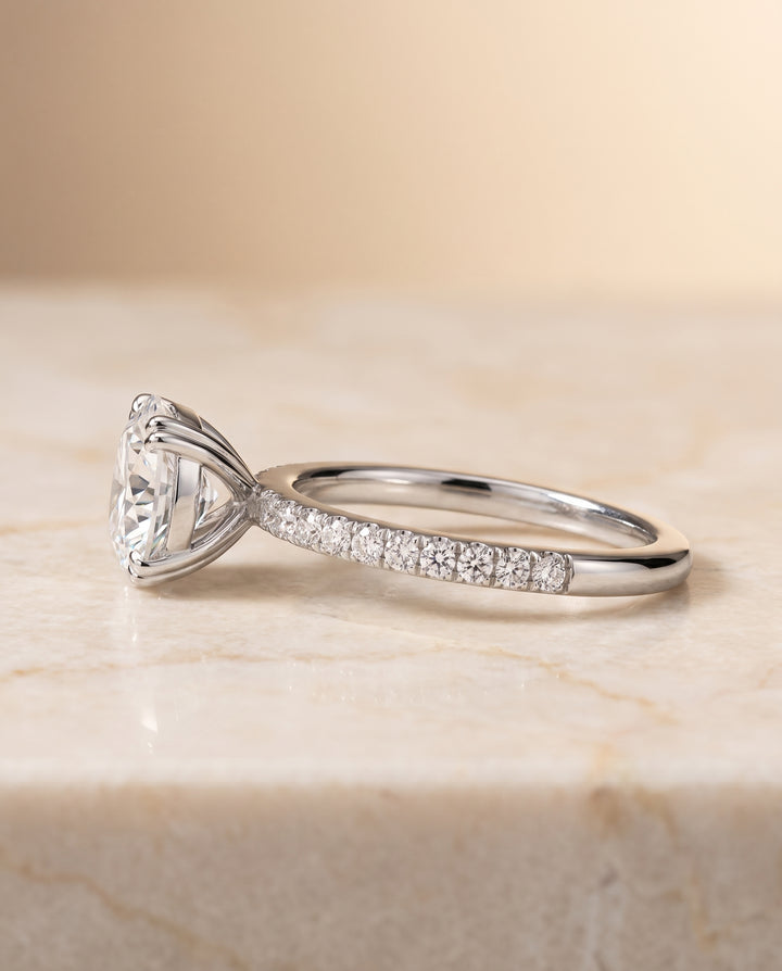 The Kelly Double Claw Prong French Pavé Round Engagement Ring Setting in 18K White Gold