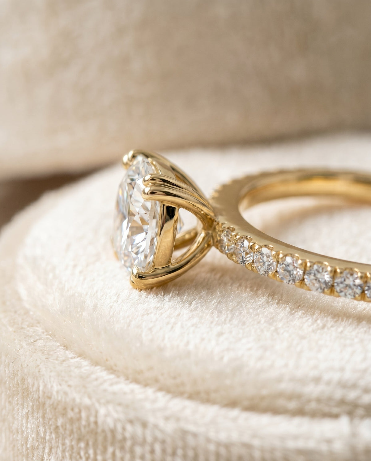 Kelly Select Pavé Cushion Cut Lab Diamond Engagement Ring in 18K Yellow Gold, detail view | RockHer