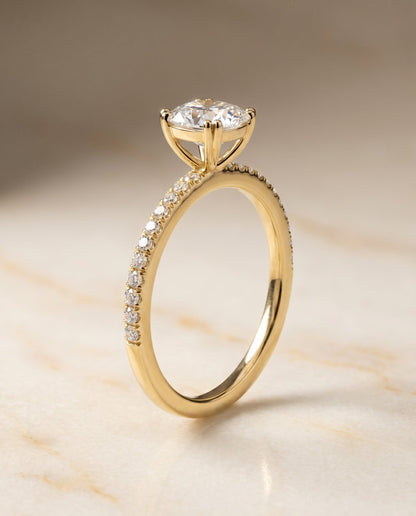 Kelly Select Pavé Cushion Cut Lab Diamond Engagement Ring in 18K Yellow Gold, front view | RockHer