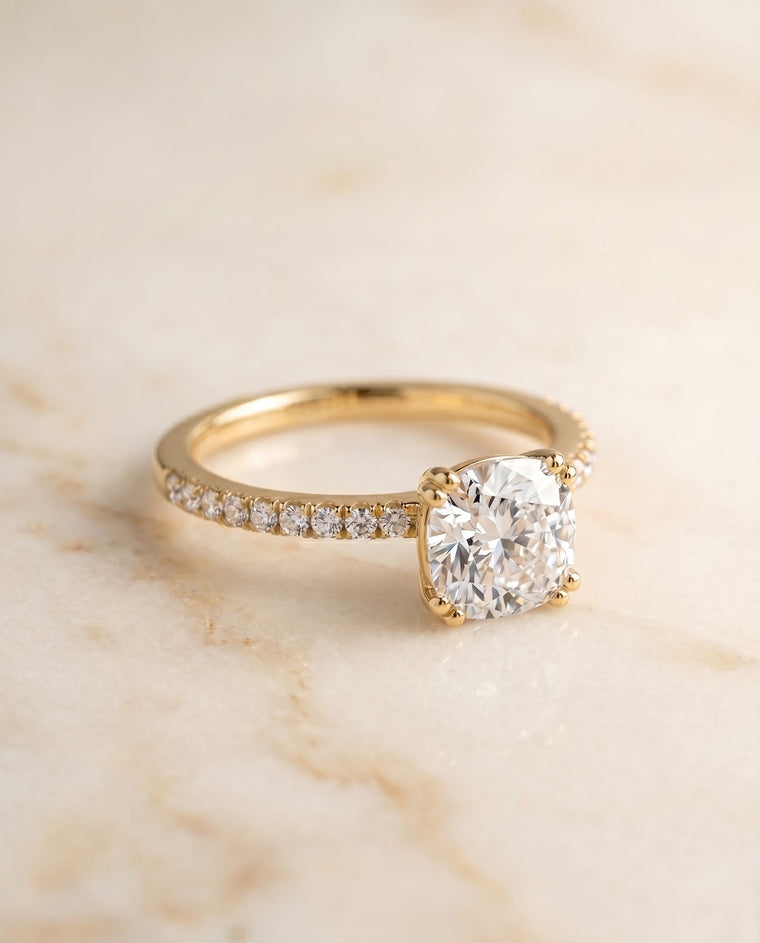 The Kelly Select Pavé Cushion Cut Lab Diamond Engagement Ring in 18K Yellow Gold