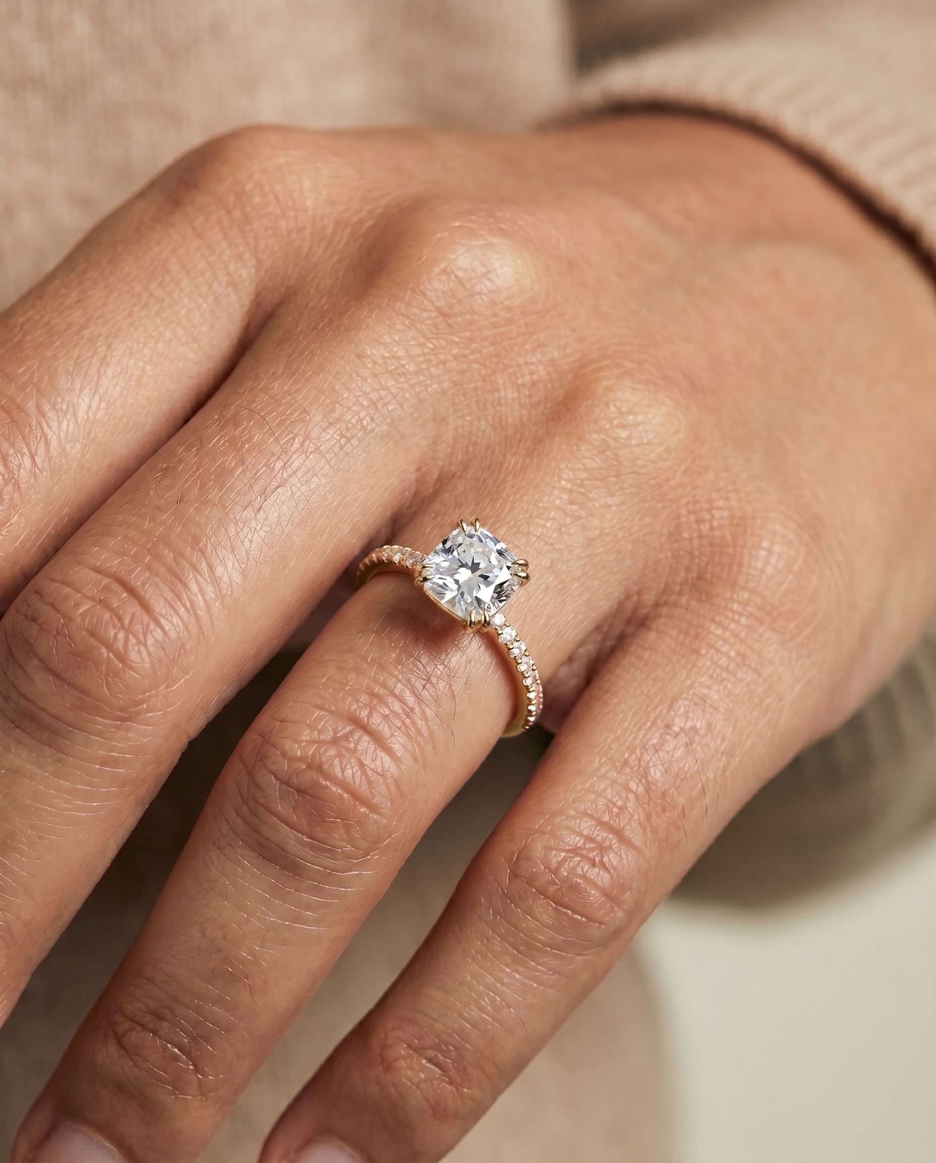 The Kelly engagement ring setting in 18K Yellow Gold, double claw prong french pavé cut design | RockHer