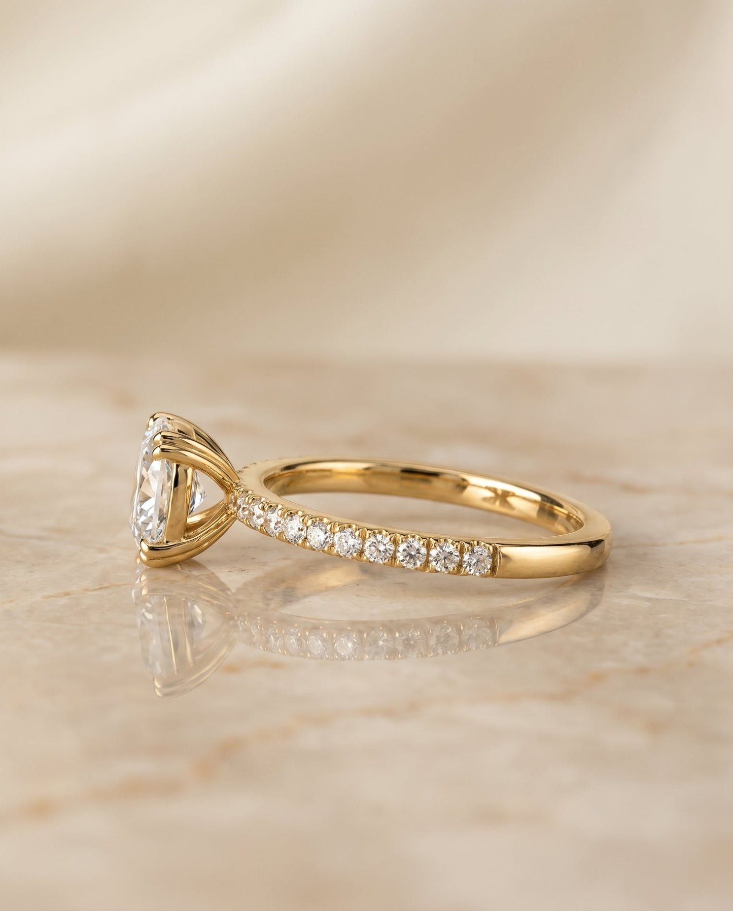 Kelly Select Pavé Cushion Cut Lab Diamond Engagement Ring in 18K Yellow Gold, side view | RockHer