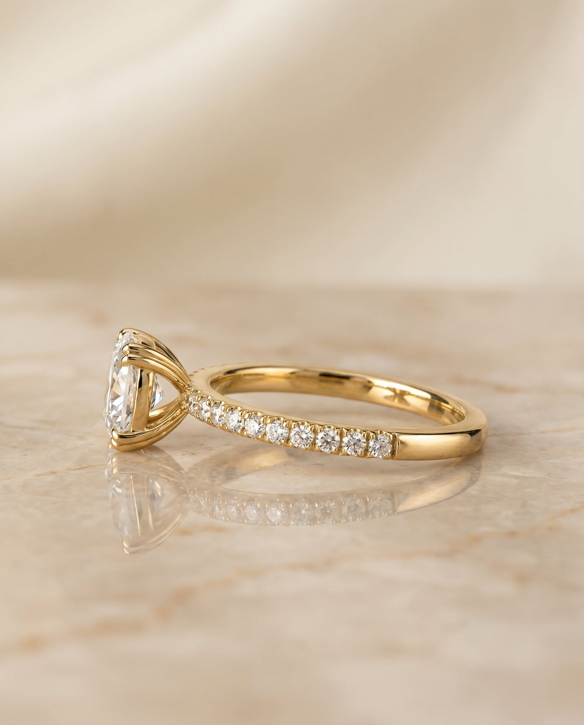 Kelly Select Pavé Cushion Cut Lab Diamond Engagement Ring in 18K Yellow Gold, side view | RockHer