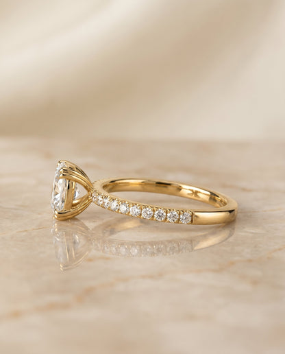 Kelly Select Pavé Cushion Cut Lab Diamond Engagement Ring in 18K Yellow Gold, side view | RockHer