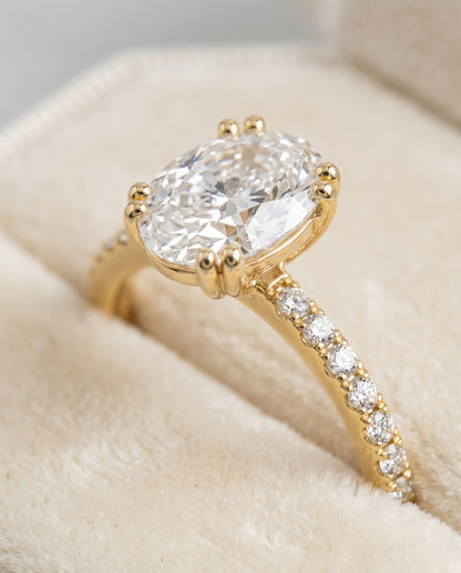 The Kelly Double Claw Prong French Pavé Oval Engagement Ring Setting in 18K Yellow Gold